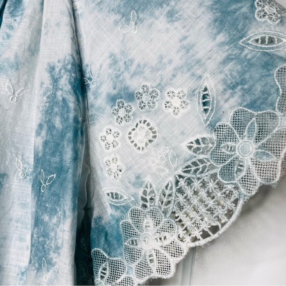 Anthropologie Tie-Dye Embroidered Lace Trim Tie-Neck Peasant Blouse Top - Picture 3 of 4